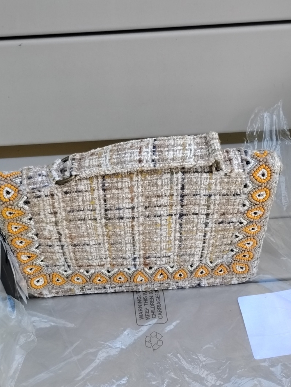 American And Beyond Beige Tweed Shoulder Bag with Yellow Beaded Trim